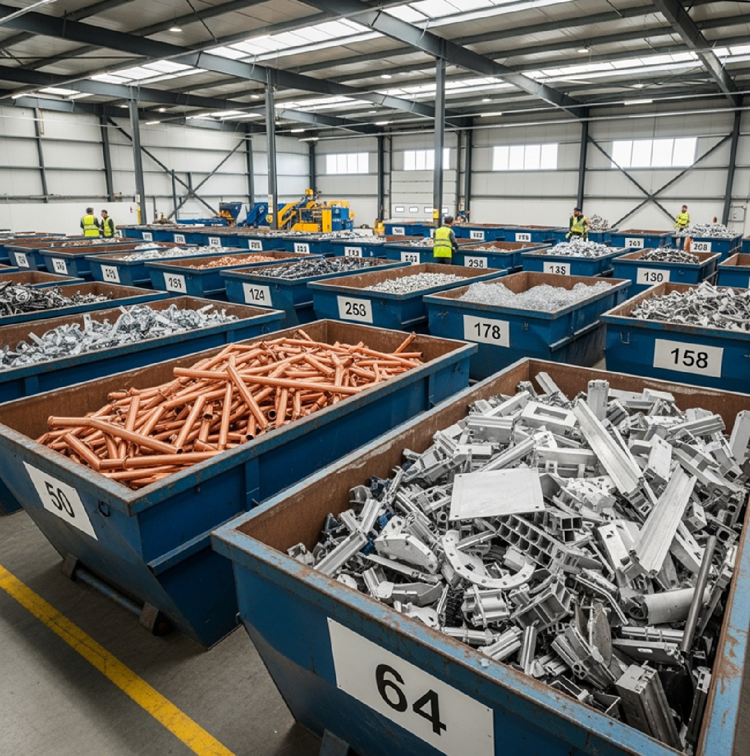 Copper pipes and aluminium scrap in collection bins